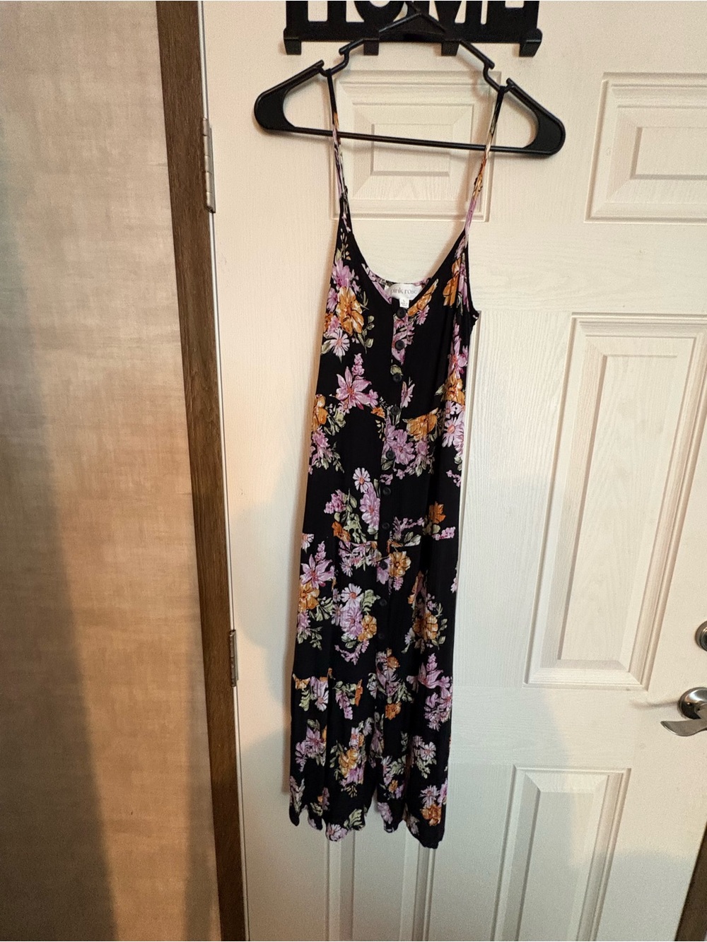 Pink Rose Black Floral Maxi Dress with Lavender and Mustard Blossoms